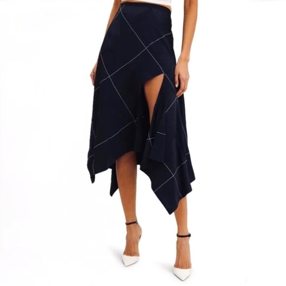 Monse Asymmetric Paneled Satin And Crepe Midi Skirt in Navy